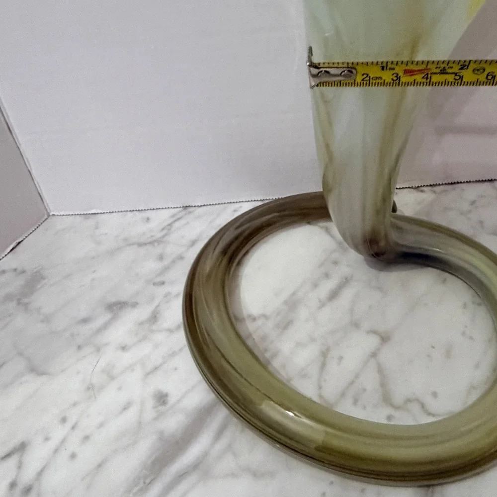 Vintage Murano Style Hand-Blown‎ Art Glass Vase Yellow White Swirl Pattern